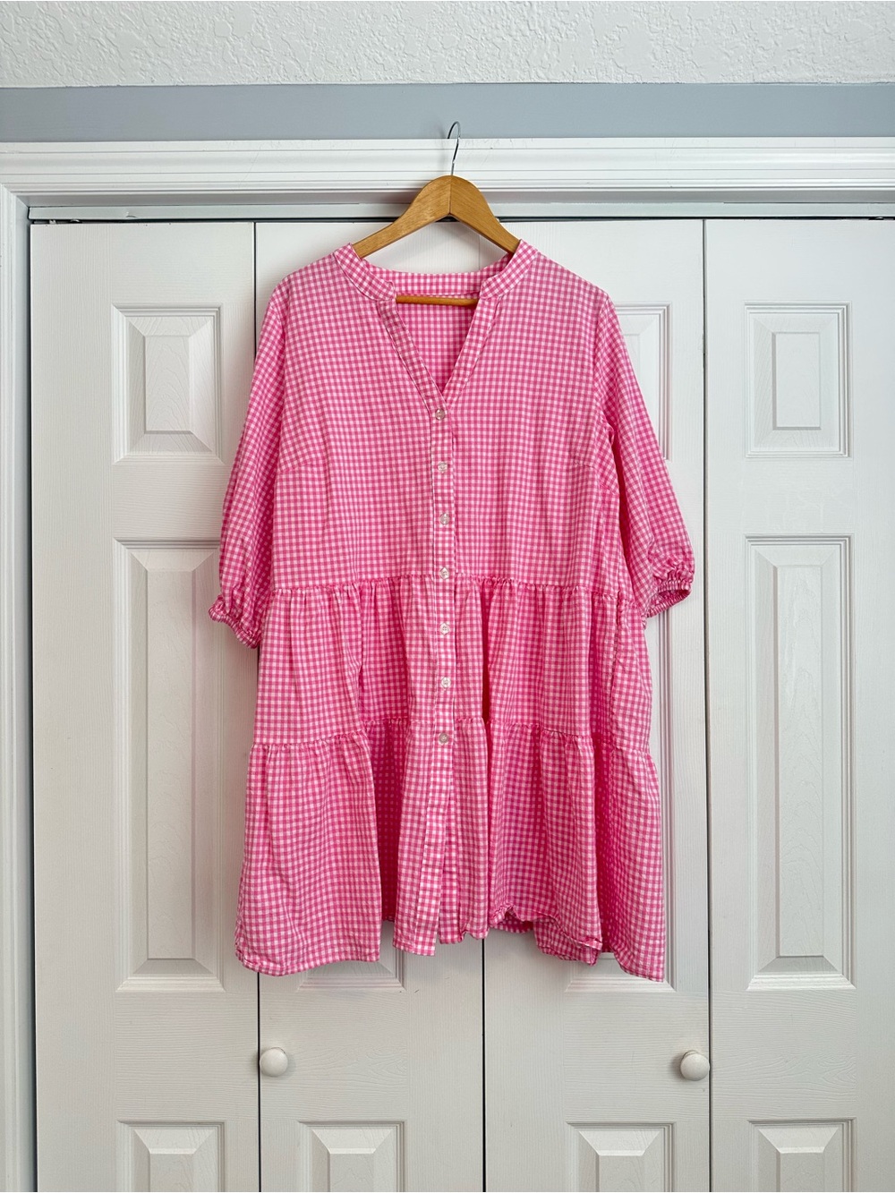Pink Gingham Tiered Button-Front Blouse Dress, XL